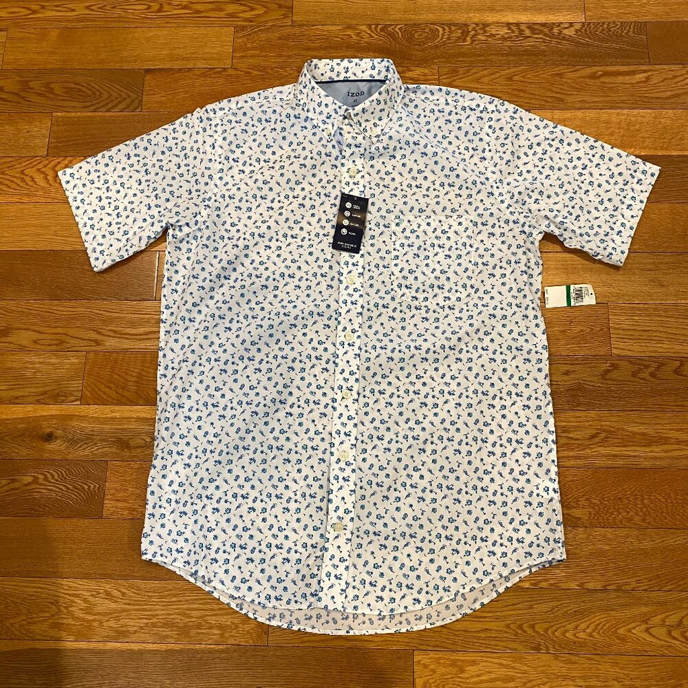 Izod Hawaiian Shirt Button Up Flower Hibiscus Pineapple LT Stretch Quick DryNWT